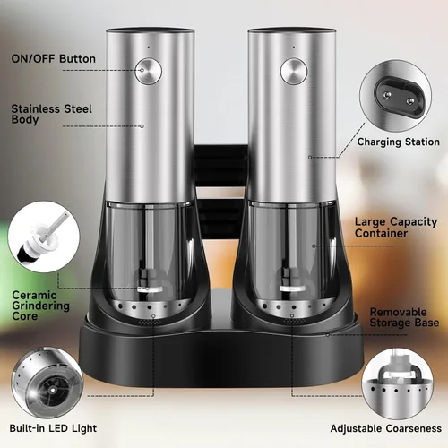 Miniatura 7 de Set de molinillo eléctrico de sal y pimienta, salero y pimientero recargable con luz LED y base de carga, molinillos automáticos de sal y pimienta