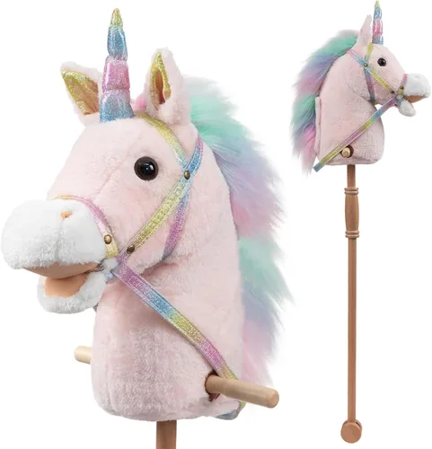 Miniatura 10 de HollyHOME Caballo de unicornio con lentejuelas, caballo de juguete artesanal con palo y ruedas de madera, sonidos reales de relincho y galope de Azul