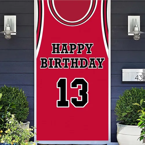 Miniatura 10 de Cartel de feliz cumpleaños 10 pancarta de fondo rojo de baloncesto estrella jugador de deportes decoración para hombre niño 10 cumpleaños
