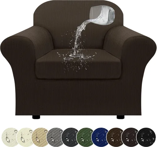 Miniatura 43 de Funda impermeable para silla con brazos, juego de 2 piezas, funda a rayas para 1 sofá separado con cojín en T, fundas de sillón de tela