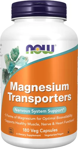 NOW Foods Suplementos, Transportadores de Magnesio con 5 Formas de Magnesio para una Biodisponibilidad Óptima, 180 Cápsulas Vegetarianas