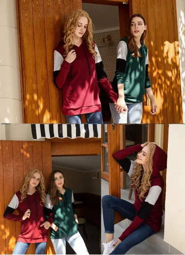 Miniatura 6 de CATHY Sudadera casual con cordón para mujer, manga larga, bloque de color, sudadera con capucha y bolsillo