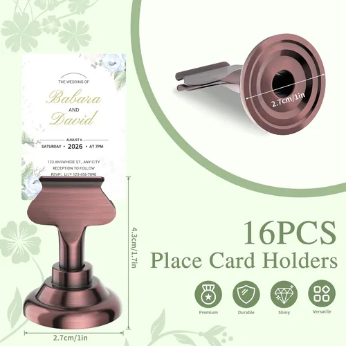 Miniatura 2 de Urban Deco Paquete de 16 soportes para tarjetas de número y lugar de mesa, soportes de acero de 1.7 pulgadas para fotos, letreros de alimentos, Cobre