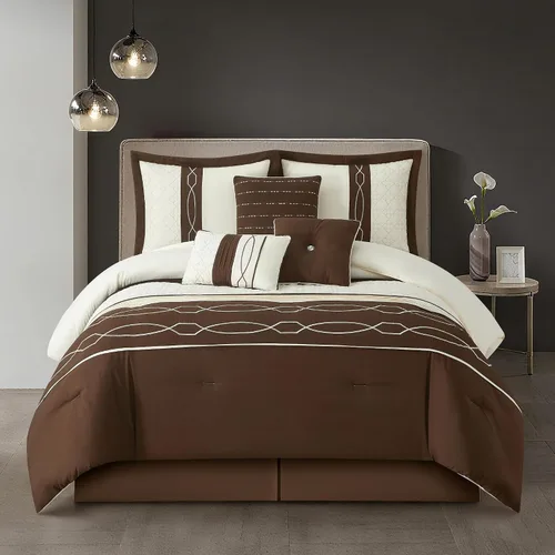 Miniatura 14 de Grand Avenue Juegos de cama con diseño geométrico negro/rojo, tamaño Queen con edredón, 7 piezas, funda de almohada, falda de cama, almohada