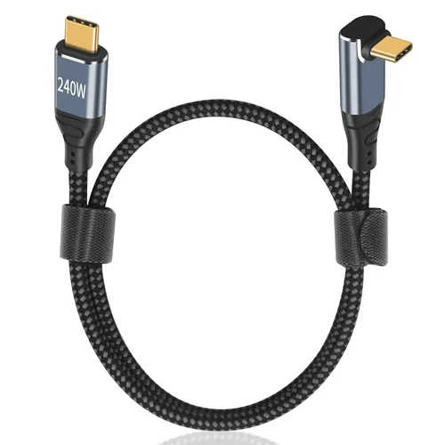 Poyiccot Cable USB C de 90 grados de 1.5 pies, 240 W de carga rápida PD 3.1 tipo C a tipo C, cable corto trenzado 3A de 90 grados en ángulo