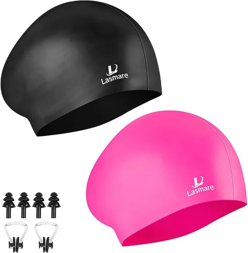 Miniatura 9 de Long Hair Swim Cap for Women 2 Pack, Silicone Swimming Caps for Unisex Adult Women Men with Ear Plugs & Nose Clip Set, Waterproof Adult Swim Hats
