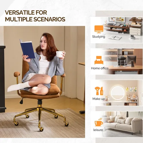 Miniatura 9 de VINGLI Silla de escritorio para oficina en casa, cómoda con ruedas y reposabrazos extraíbles, silla de tocador con base dorada con respaldo, silla