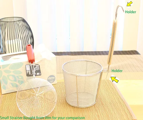 Miniatura 5 de Cesta grande de acero inoxidable, mango de madera para resistencia al calor, malla fina de 5 x 5 pulgadas, fideos de pasta Udon Ramen, enjuague