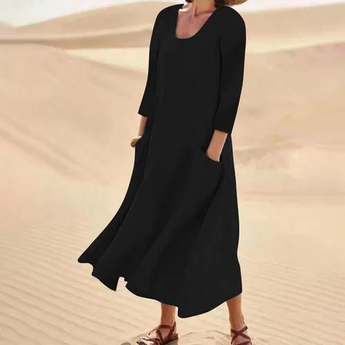 Miniatura 2 de Akivide Vestido largo de algodón y lino para mujer, manga 34, bohemio, liso, fluido, casual, verano, otoño, playa, vestido tipo camiseta