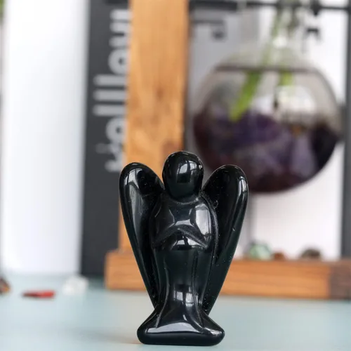 Miniatura 5 de YATOJUZI Estatua de ángel de obsidiana negra de 5 cm decorativa con cristales curativos de Reiki, piedra natural pulida tallada a mano, figuritas