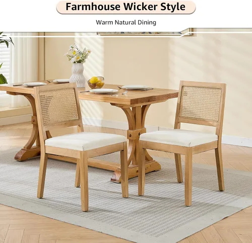 Miniatura 2 de ODUSE-DAILY French Country - Juego de 2 sillas de comedor de ratán beige, sillas de comedor de madera con respaldo de caña y asiento tapizado