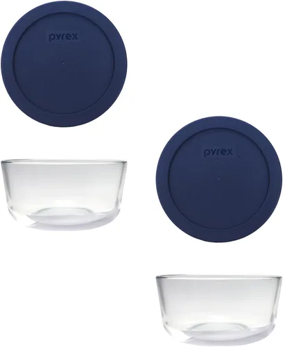 Pyrex 7201 - Cuenco de vidrio de 4 tazas y tapa azul oscuro 7201-PC (paquete de 2) - Fabricado en Estados Unidos