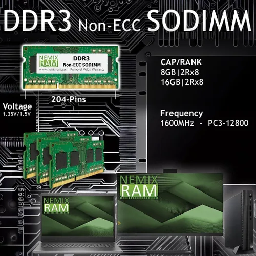 Miniatura 2 de NEMIX RAM 16 GB (2 x 8 GB) DDR3 1600 MHz PC3-12800 2Rx8 1.35V 204-PIN no ECC SODIMM Laptop PC PC Kit de memoria sin búfer