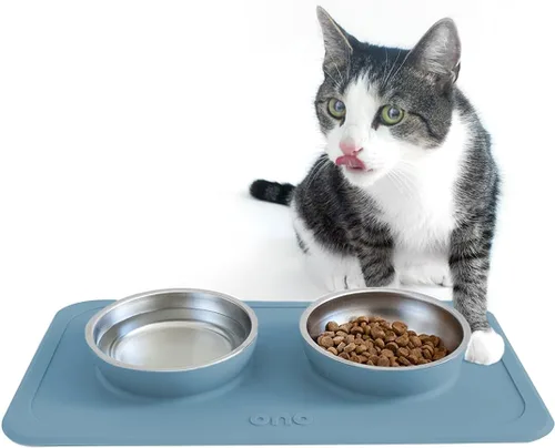 Ono Good Bowl - Comedero doble para alimentos y agua, tapete de silicona antideslizante para mascotas pequeñas a medianas y cuencos de acero