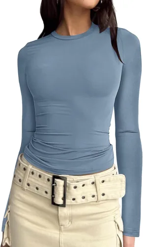 PGANDS Camiseta corta casual de manga larga para mujer, cuello redondo, para otoño, básica, lisa, Y2K, ajustada, tipo túnica