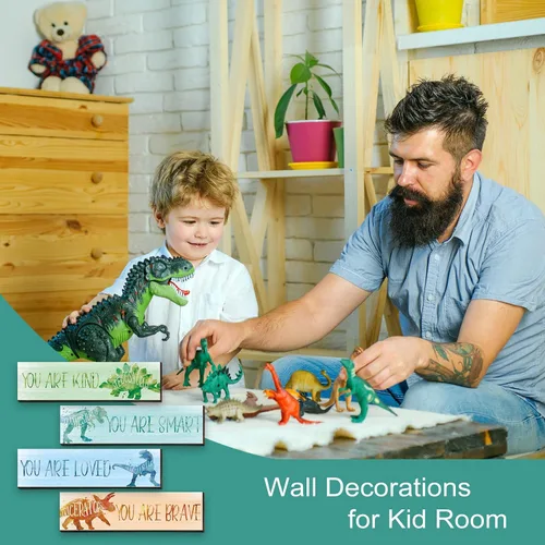 Miniatura 7 de Yalikop 4 piezas de decoración de habitación de dinosaurio para niños, pósters inspiracionales placa de pared para dormitorio de niños guardería