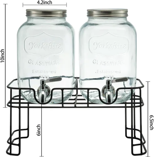 Miniatura 7 de Dispensadores de bebidas de vidrio de 1 galón para fiestas, paquete de 2 dispensadores de bebidas con soporte, cilindro de hielo y espita de acero