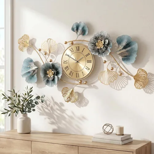 Miniatura 11 de Relojes de pared para decoración de sala de estar, reloj de pared grande, diseño creativo 3D de hoja de ginkgo de metal, con movimiento silencioso