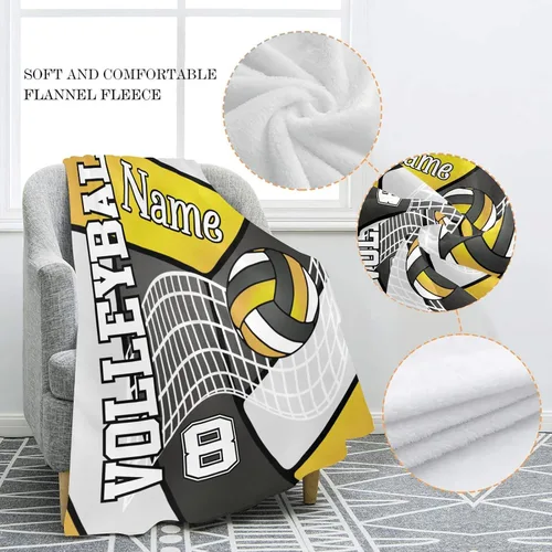 Miniatura 5 de Manta personalizada de voleibol en negro dorado, amarillo y blanco con nombre, manta de forro polar suave para hombres y mujeres, regalo