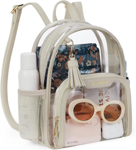 Miniatura 20 de Missnine Mochila transparente aprobada para estadios, mini bolsa transparente de PVC grueso con ribete de cuero para eventos deportivos, conciertos