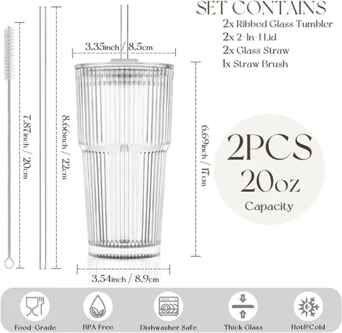 Miniatura 3 de KEMORELA Paquete de 2 vasos de vidrio acanalado de 20 onzas con tapas y pajitas de vidrio, tazas de café helado vintage, vasos reutilizables