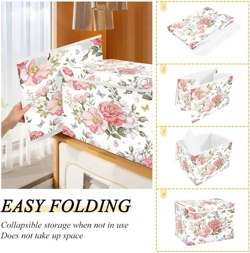 Miniatura 4 de Contenedores de almacenamiento de flores con tapas, cesta de tela plegable con asas 16.5" x 12.6" x 11.8" Decorative Storage Basket for Closet