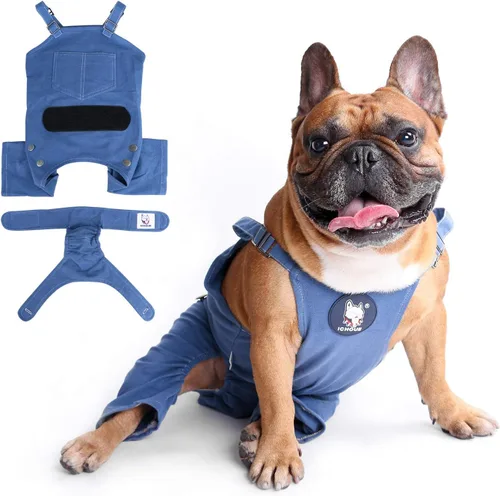 iChoue Lindos pañales para perro con tirantes para bulldog francés, pug francés, bulldog inglés, hembra, en ciclo de calor, azul, pequeño con 1 pañal
