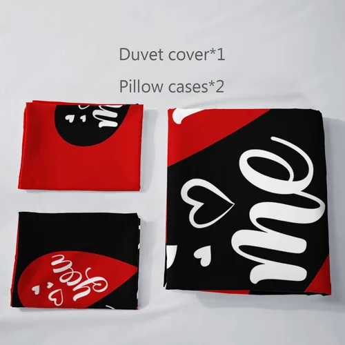 Miniatura 4 de AILONEN - Juego de funda de edredón tamaño individual, diseño de corazones para parejas, juego de ropa de cama rojo y negro, diseño "Yo y tú", juego