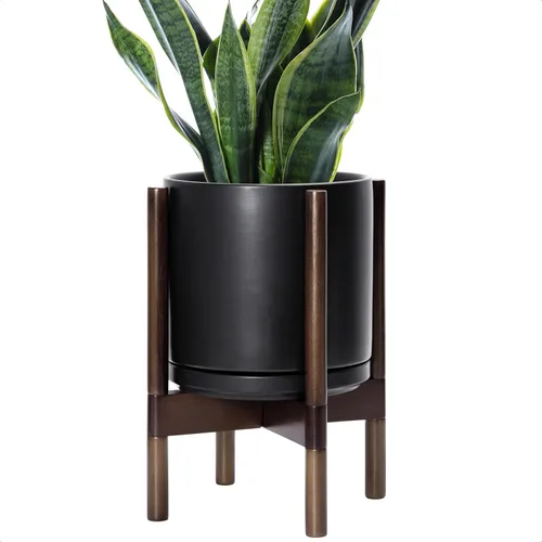 Miniatura 23 de D'vine Dev Maceta de cerámica con soporte de ébano – Maceta redonda moderna de 8 pulgadas con soporte para maceta de madera, color negro, 55-B-M-2