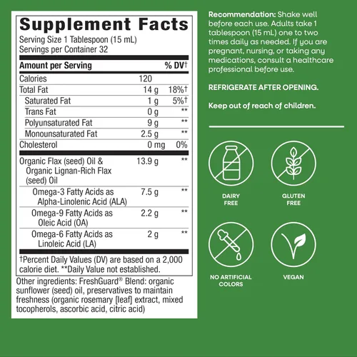 Miniatura 6 de Nature's Way Aceite de Linaza Orgánico Super Lignan, Omega-3, 6, 9 Ácidos Grasos(1), Prensado en Frío, Sin Refinar, Libre de Hexano, 16 Fl Oz