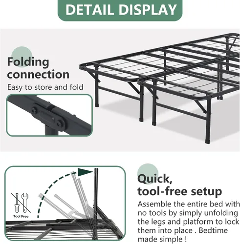 Miniatura 6 de PayLessHere Marco de cama plegable de metal de 14 pulgadas, plataforma de listones de acero resistente, base de cama, base de colchón, repuesto