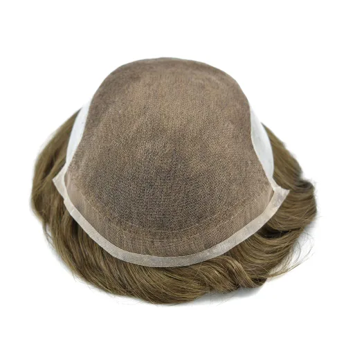 Miniatura 4 de Toupee para hombres sistemas de reemplazo de piel sintética con encaje suizo para hombre, nudos blanqueados, línea capilar natural para hombres