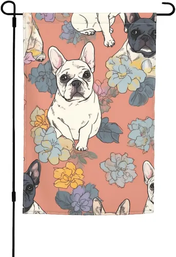 Banderas de jardín para exteriores, bandera de jardín con estampado de bulldog francés, de 12 x 18 pulgadas, doble cara, bandera de bienvenida para
