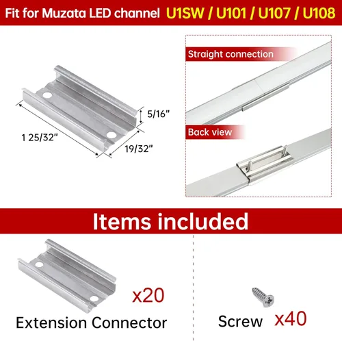 Miniatura 2 de Muzata Paquete de 20 conectores de extensión para canal LED para Muzata U1SW U101 U107 U108 0.669 in de ancho en forma de U canal LED para una