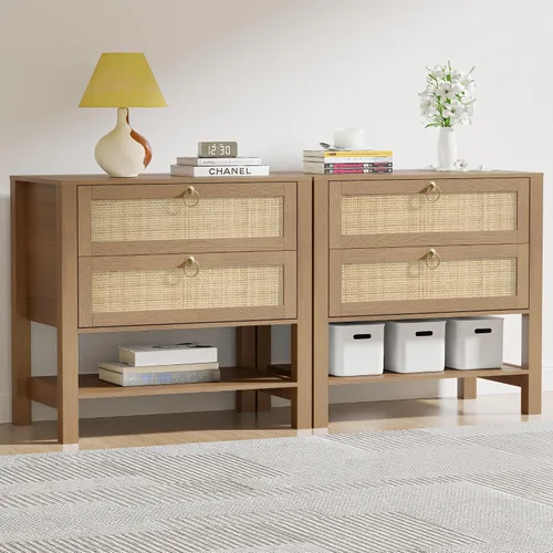 Miniatura 12 de Mesita de noche con 2 cajones de almacenamiento, mesa auxiliar moderna para dormitorio con asa recortada, mesitas de noche grandes para dormitorio