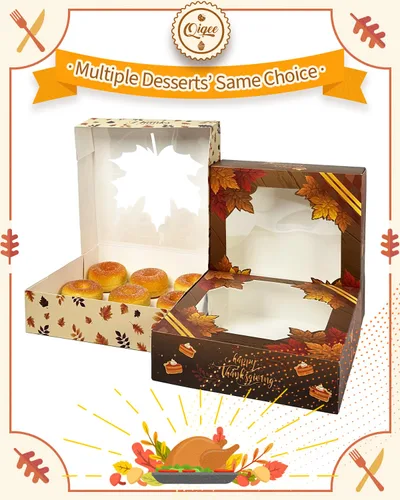 Miniatura 3 de qiqee Cajas de Galletas de Acción de Gracias con Ventana para Dar Regalos Cajas de Golosinas de Otoño 10x10x2.5 pulgadas 30 Paquetes Caja de Día