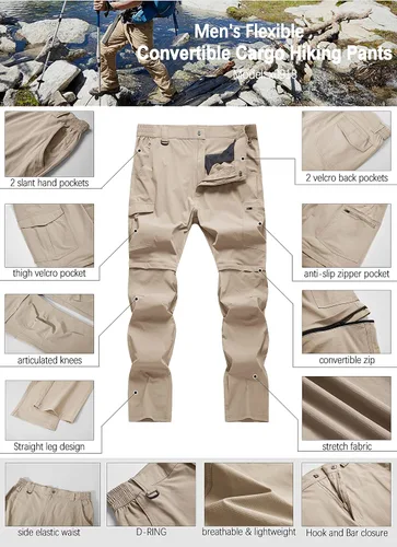 Miniatura 14 de Pantalones de senderismo para hombre, convertibles, con cremallera, ligeros, impermeables, de secado rápido, pesca al aire libre, viajes, safari