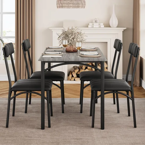 Miniatura 2 de Mesa de cocina y sillas para 4, juego de comedor rectangular con sillas tapizadas, perfecto para espacios pequeños, color negro rústico