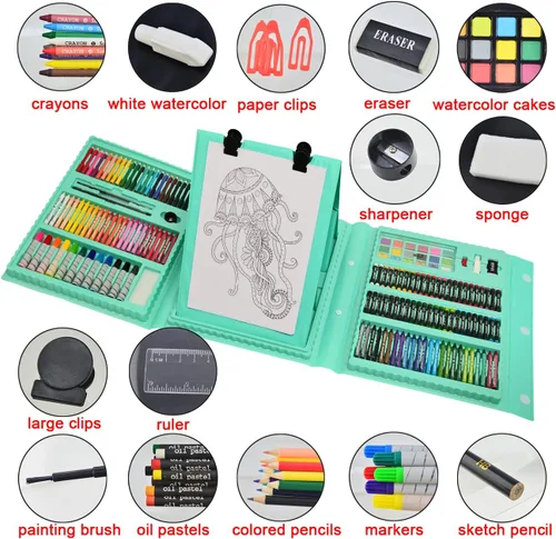 Miniatura 3 de Sunnyglade Juego de Arte de Caballete Tríptico de Doble Cara de 185 Piezas, Caja de Arte de Dibujo con Pasteles al Óleo, Crayones, Lápices de Verde