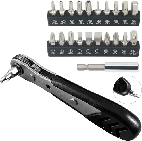 Miniatura 10 de STREBITO Destornillador de ángulo recto de 32 piezas de 1/4 de pulgada, juego de brocas de desplazamiento de perfil bajo con llave de trinquete