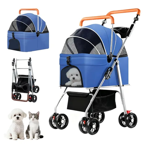 Miniatura 12 de YYW Cochecito para mascotas para perros y gatos pequeños, 3 en 1 plegable para gatitos, cachorros, carrito de paseo de viaje con portador extraíble