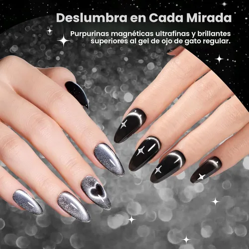 Miniatura 4 de Beetles - Juego de esmaltes de gel blanco y negro, 6 colores plateados, ojo de gato, purpurina brillante con imán, arte de uñas UV LED, hogar, salón