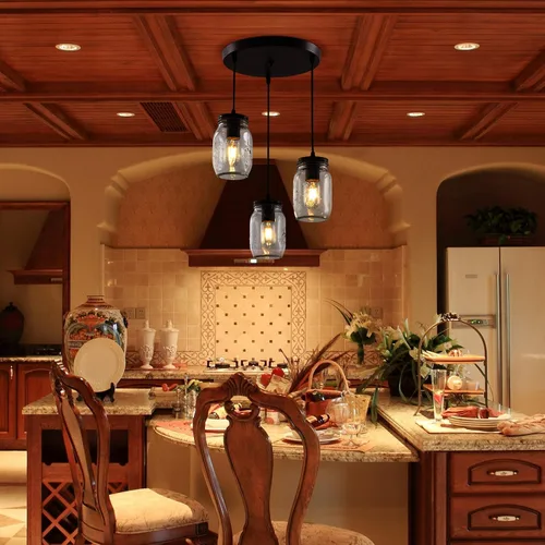 Miniatura 8 de Lámparas de tarro de masón, 3 luces de casa de campo, lámpara colgante de tarro de cristal lámpara de techo ajustable para cocina, comedor, pasillo