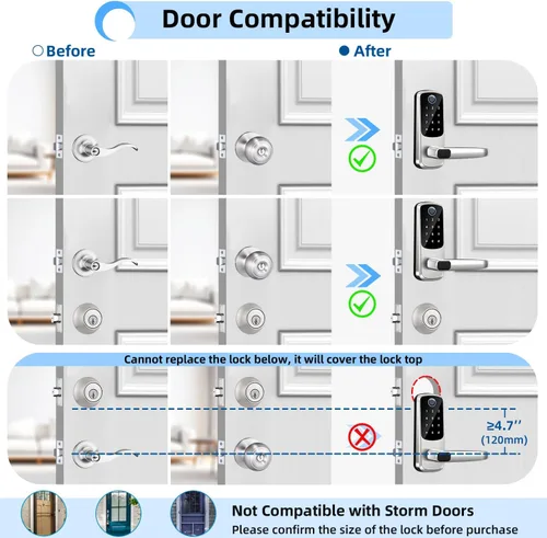 Miniatura 5 de Cerradura de puerta inteligente con asa, cerraduras de puerta de entrada sin llave, cerradura exterior con teclado de huellas dactilares 8 en 1