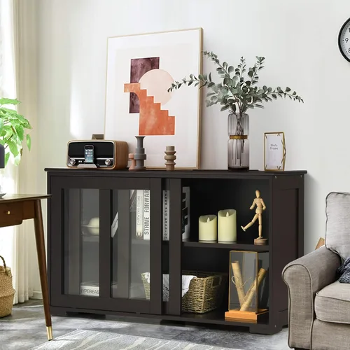 Costzon - Gabinete de aparador para buffet, gabinete de almacenamiento de cocina de madera con estante ajustable, puertas de vidrio correderas, mesa