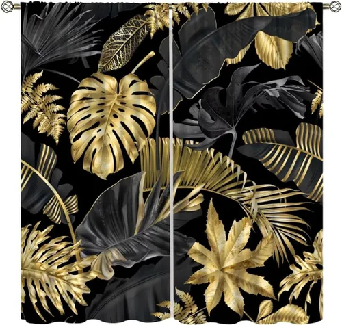 Cortinas de hojas de palma, tropical, verano, naturaleza, selva, plantas silvestres, color negro y dorado, cortinas de tela de poliéster para