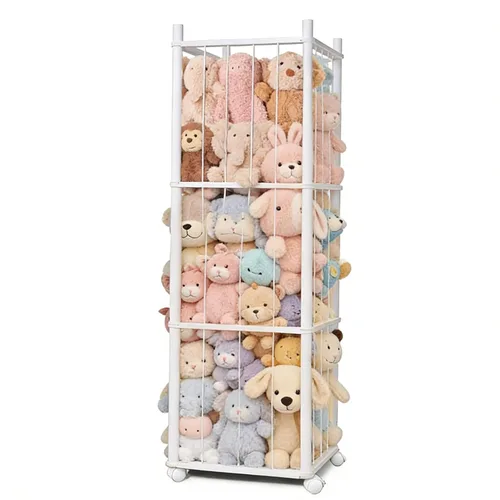 Miniatura 10 de Almacenamiento de animales de peluche, almacenamiento de zoológico de animales de peluche de madera con ruedas de freno, organizador de juguetes