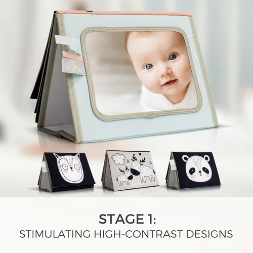 Miniatura 6 de Libro de tiempo de barriga suave con espejo estimulante seguro para bebés - Divertido juguete Montessori en blanco y negro con relleno arrugado y 20