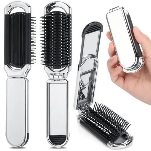 Nuenen 4 piezas de cepillo de pelo plegable con espejo, mini cepillo de pelo portátil, pequeño peine de bolsillo compacto para viajes familiares,