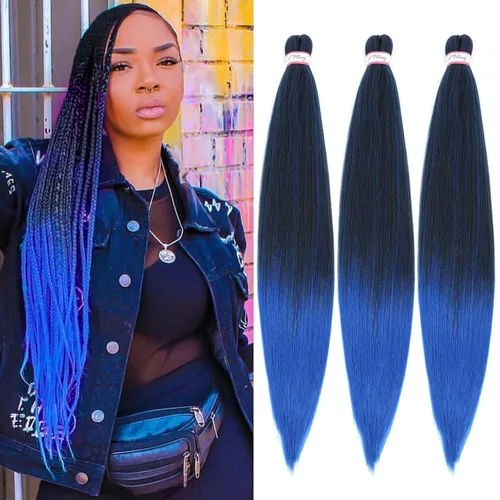 Miniatura 23 de Col bling Cabello trenzado preestirado de 28 pulgadas, 3 paquetes de extensiones de cabello largo para mujer, trenzas de caja, cabello preestirado